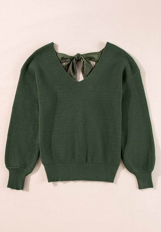 Bow-Tied Back V-Neck Knit Sweater