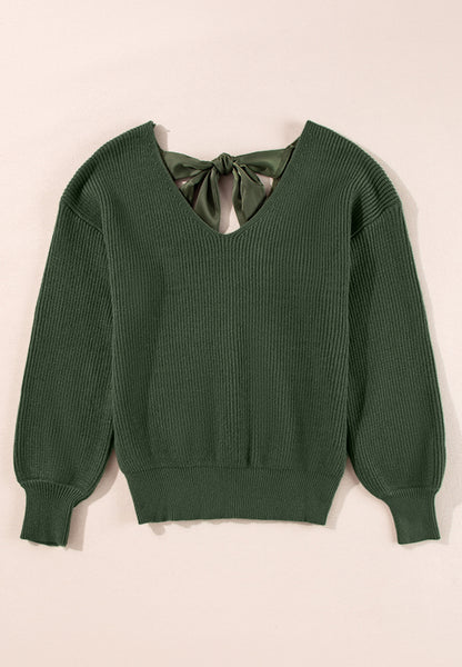 Bow-Tied Back V-Neck Knit Sweater