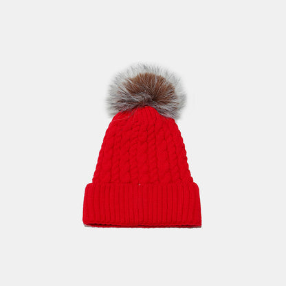 Cable Knit Winter Hat with Faux Fur Pom Pom