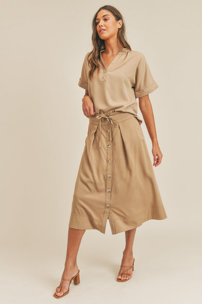 Taupe Utility-Inspired Short Sleeve Top and Button-Down Midi Skirt Set