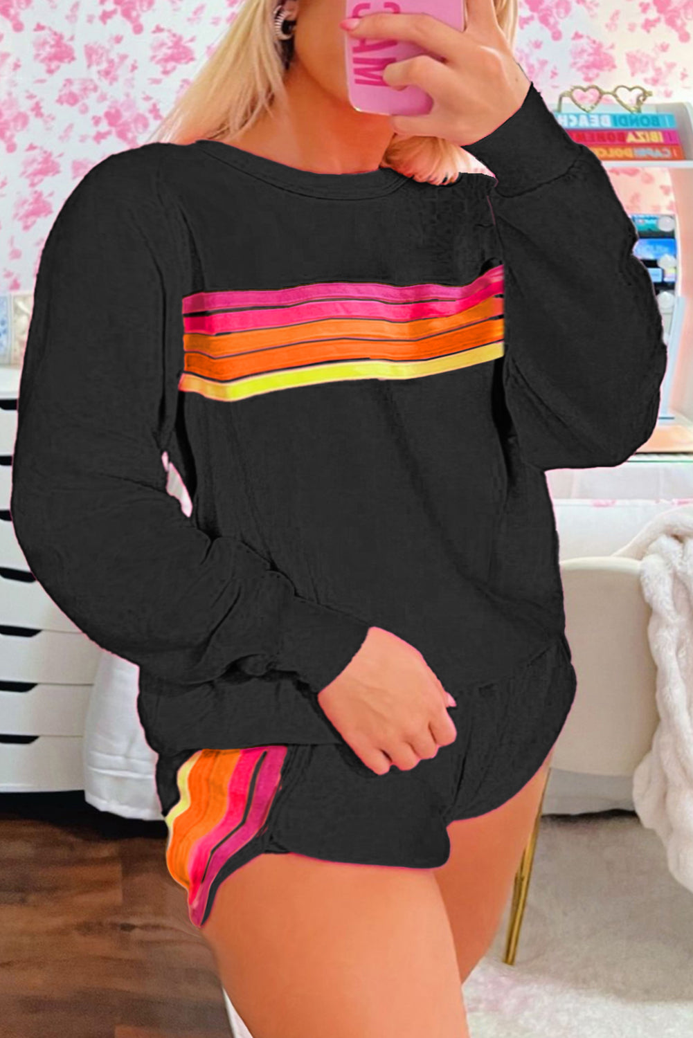 Striped Accent Pullover & Shorts Two-Piece Set