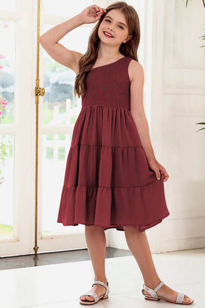 One-Shoulder Smocked Tiered Midi Dress for Girls