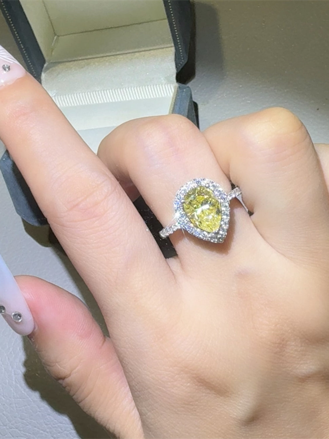 2 Carat Moissanite Platinum-Plated Sterling Silver Yellow Teardrop Halo Ring