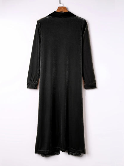 Velvet-Look Open Front Long Sleeve Duster Coat