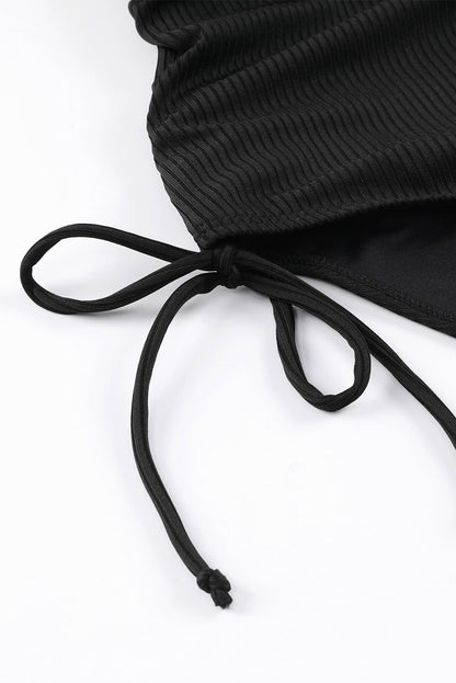 Black Adjustable Straps Ribbed Knit One-Piece Swimsuit