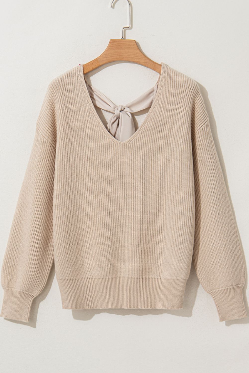 Bow-Tied Back V-Neck Knit Sweater