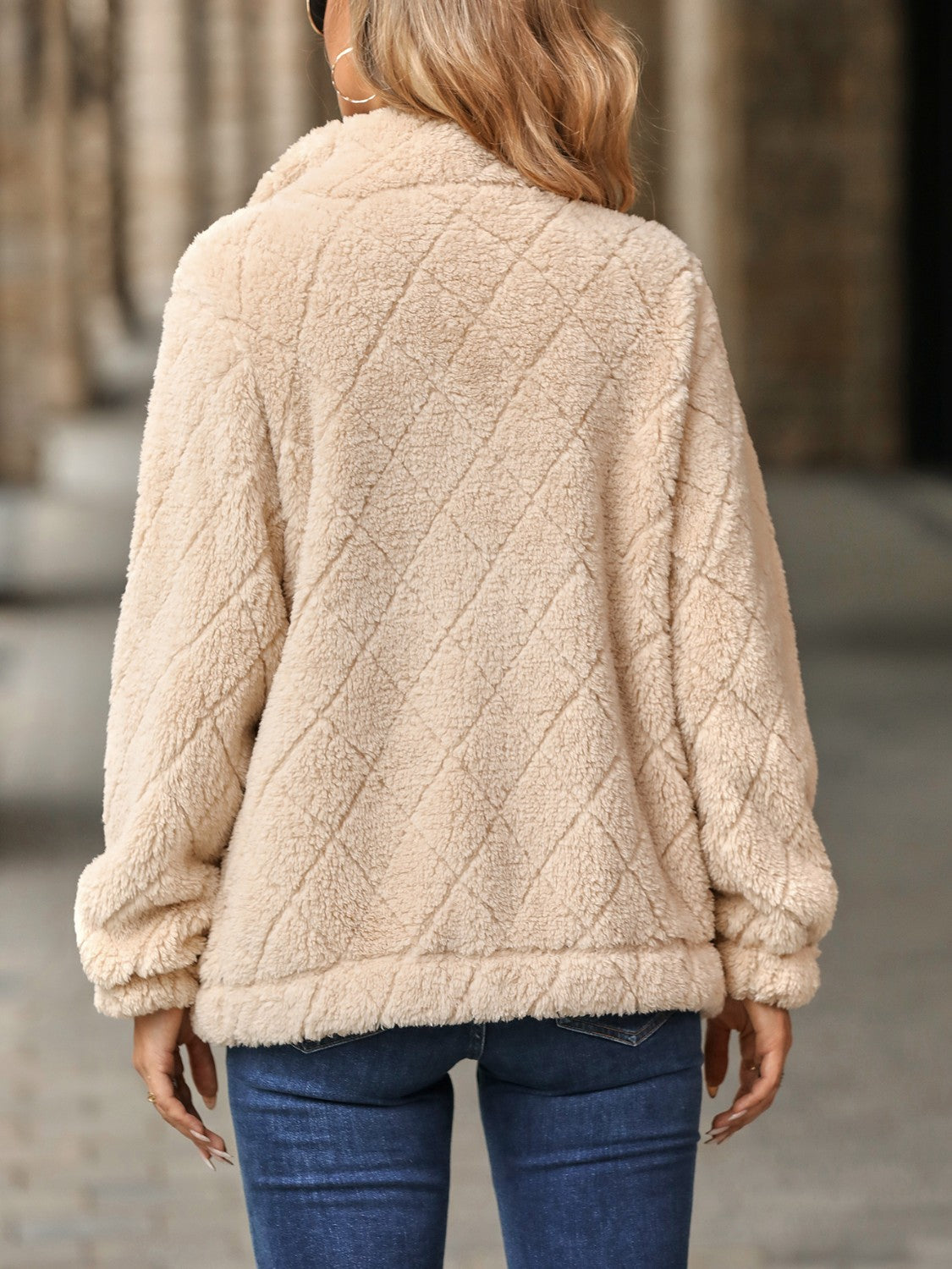 Diamond-Textured Fuzzy Zip-Up Jacket