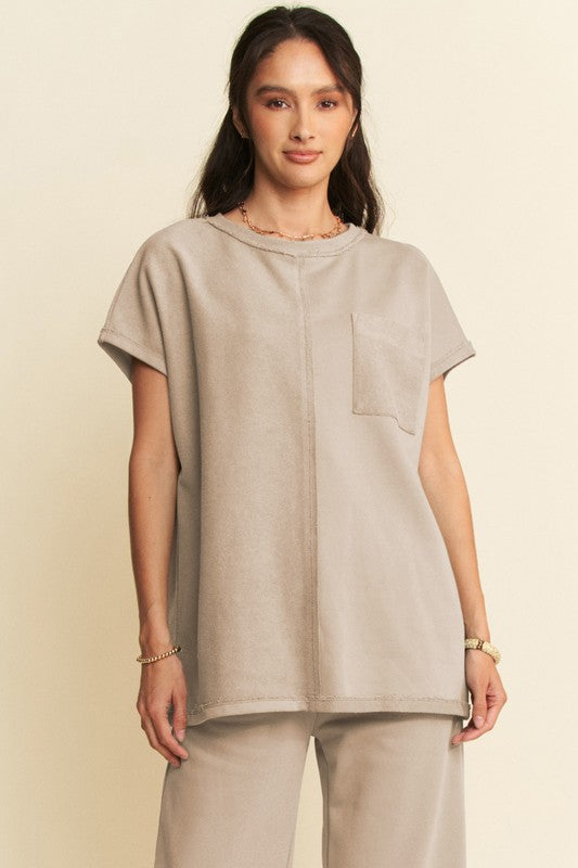 Khaki Two-Piece Round Neck Short Sleeve Top and Pants Set