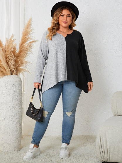 Plus Size Contrast Notched Scoop Neck Long Sleeve Tee