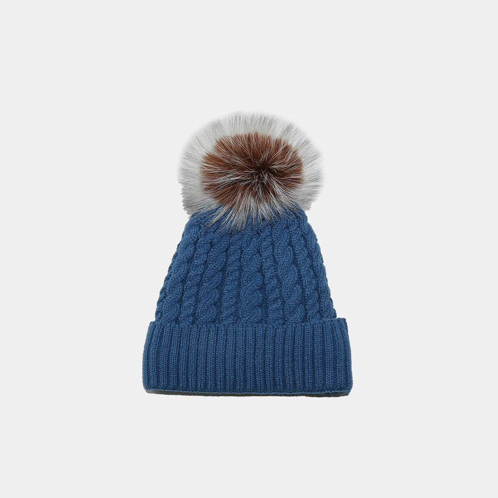 Cable Knit Winter Hat with Faux Fur Pom Pom