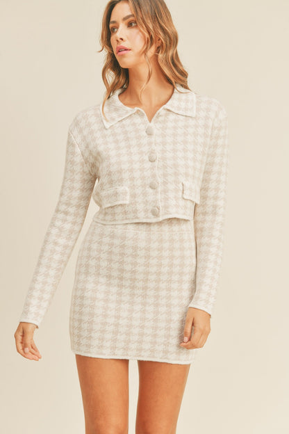 Dusty Pink Houndstooth Cropped Knit Cardigan and Mini Skirt Set