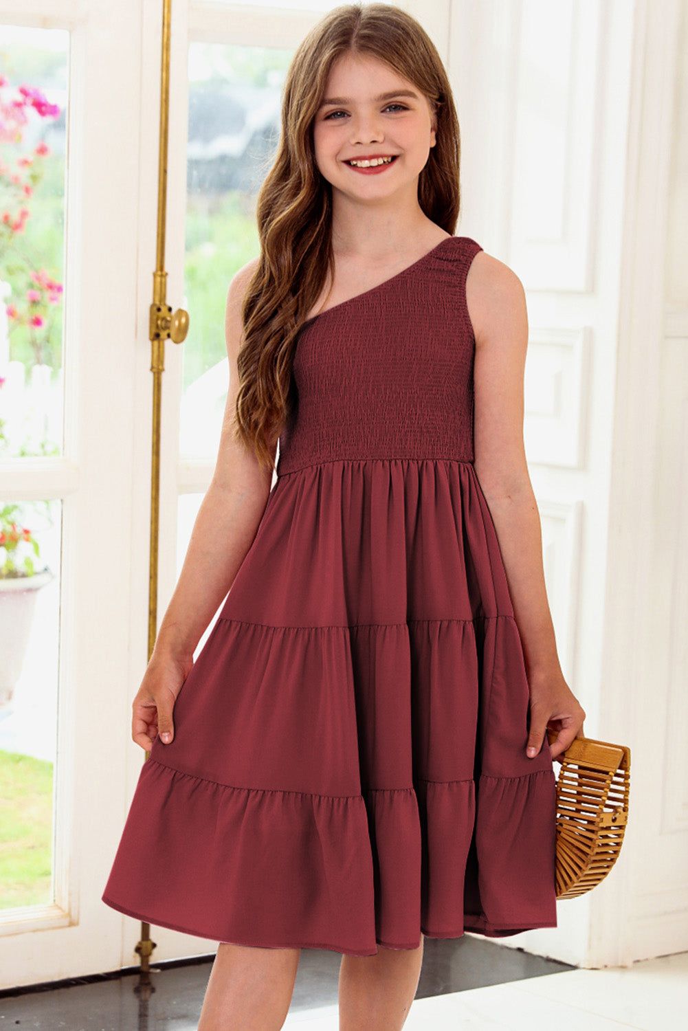 One-Shoulder Smocked Tiered Midi Dress for Girls