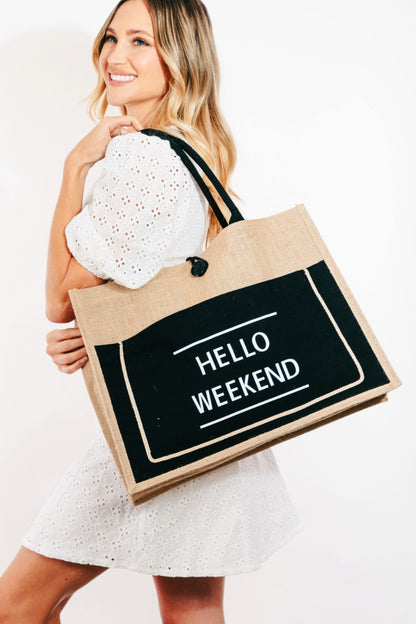 "Hello Weekend" Burlap Tote Bag with Outer Pocket