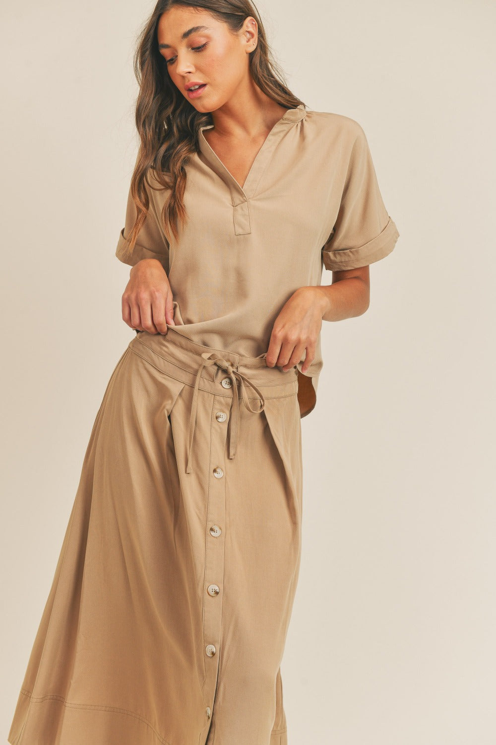 Taupe Utility-Inspired Short Sleeve Top and Button-Down Midi Skirt Set