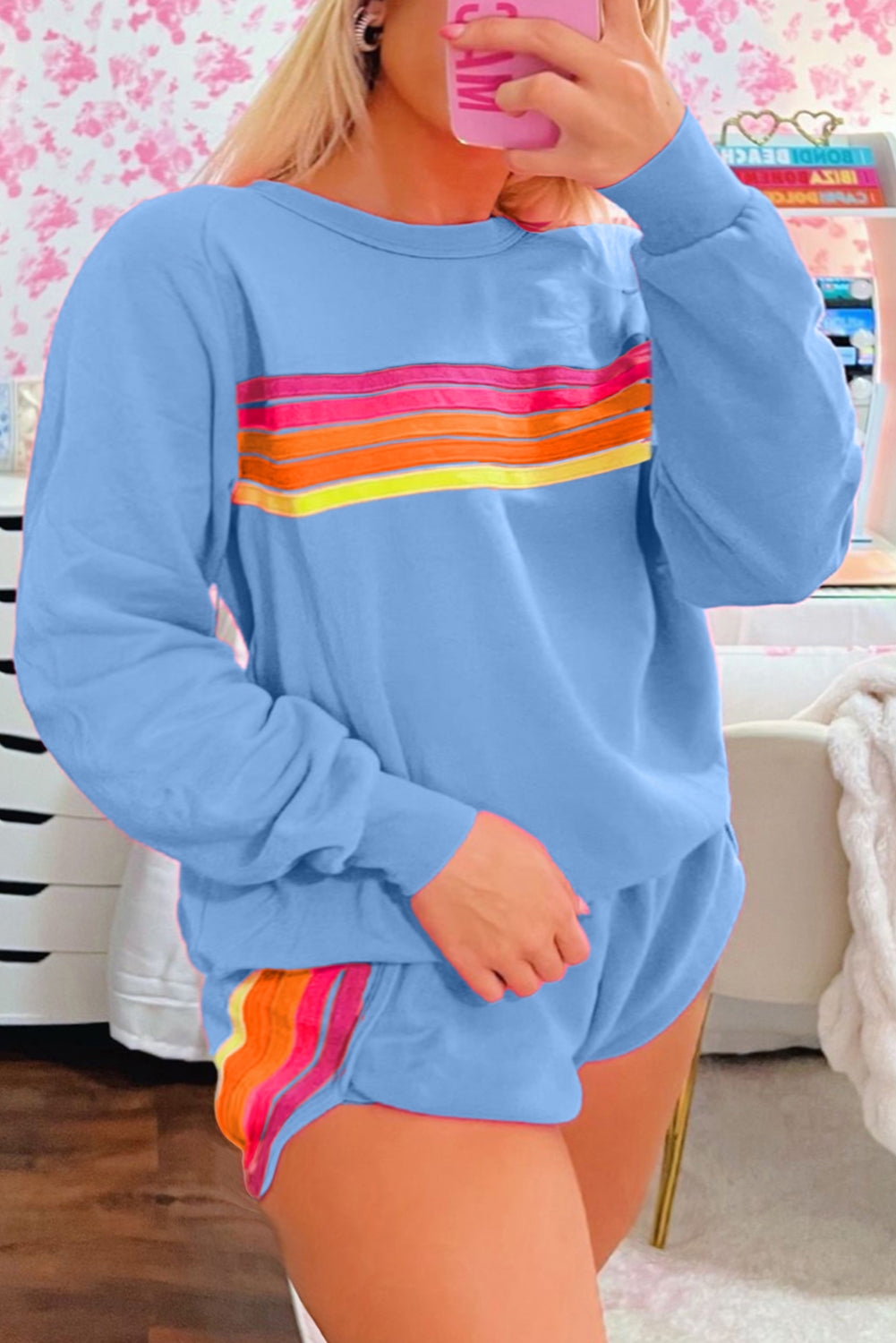 Striped Accent Pullover & Shorts Two-Piece Set