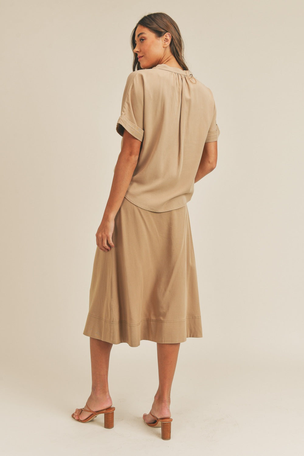 Taupe Utility-Inspired Short Sleeve Top and Button-Down Midi Skirt Set