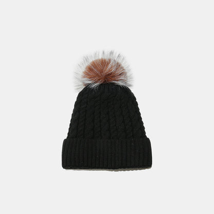 Cable Knit Winter Hat with Faux Fur Pom Pom